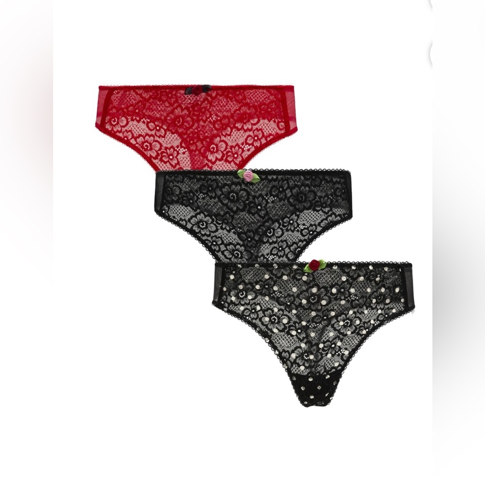 Parade 3 Pack Lace Mesh Thong Panties 3XL Black Red Polka Dot Floral NWT